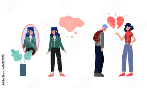 Stressed teenagers suffering from unrequited love and dysmorphic disorder. Teenage puberty problems vector illustration photo