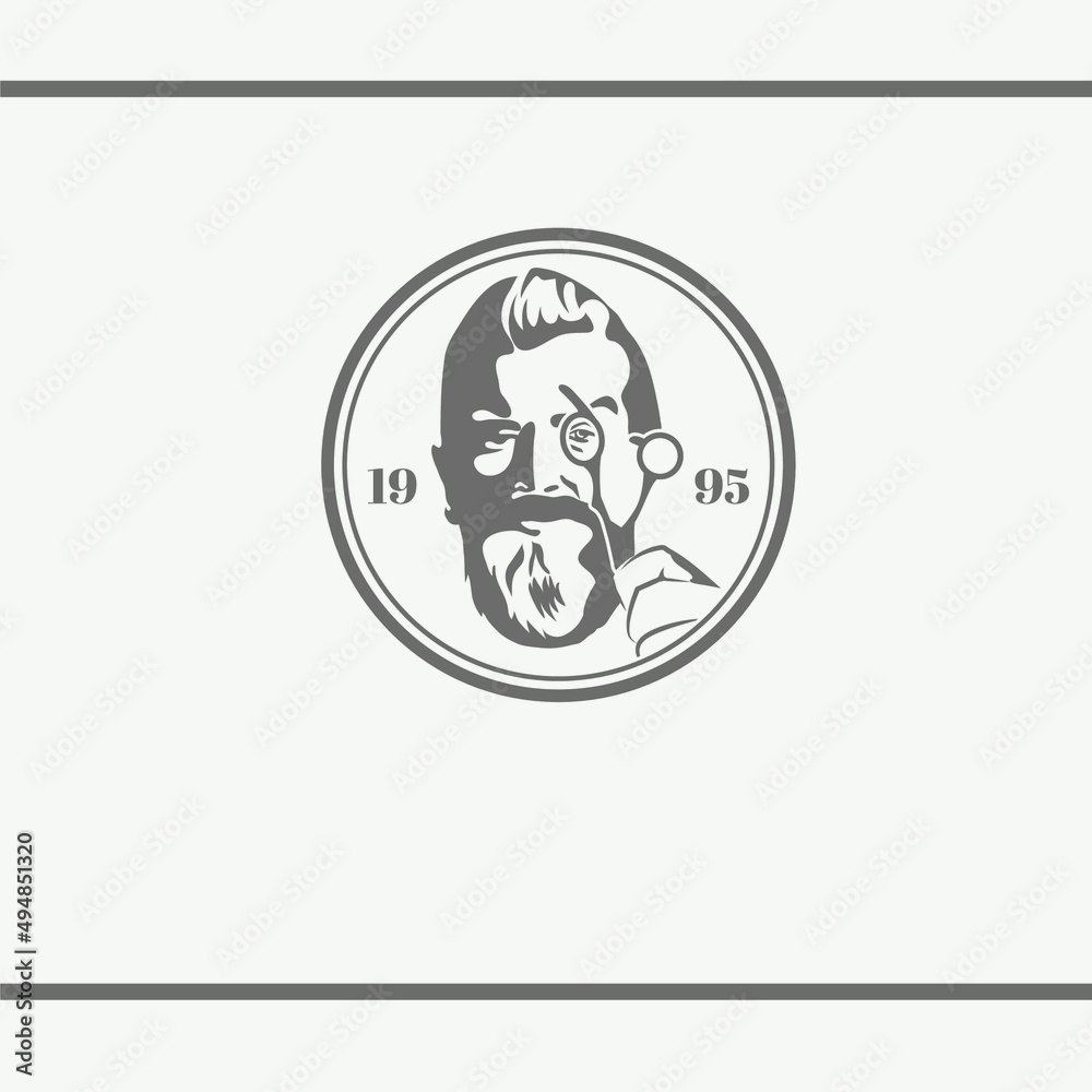 A man with beard is looking through scissors. Barber Shop logo design vector.