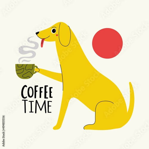 Vector illustration with dog and green cup. Coffee Time lettering phrase. Trendy typography poster with animal  cafe menu or wall decoration print