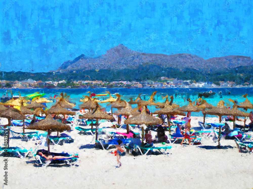 Bay of Port d'Alcudia on the Balearic island of Mallorca.Painted