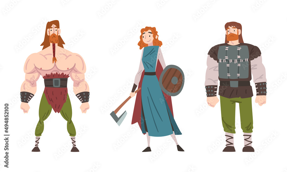Male and female Scandinavian viking warriors with weapon set cartoon vector illustration