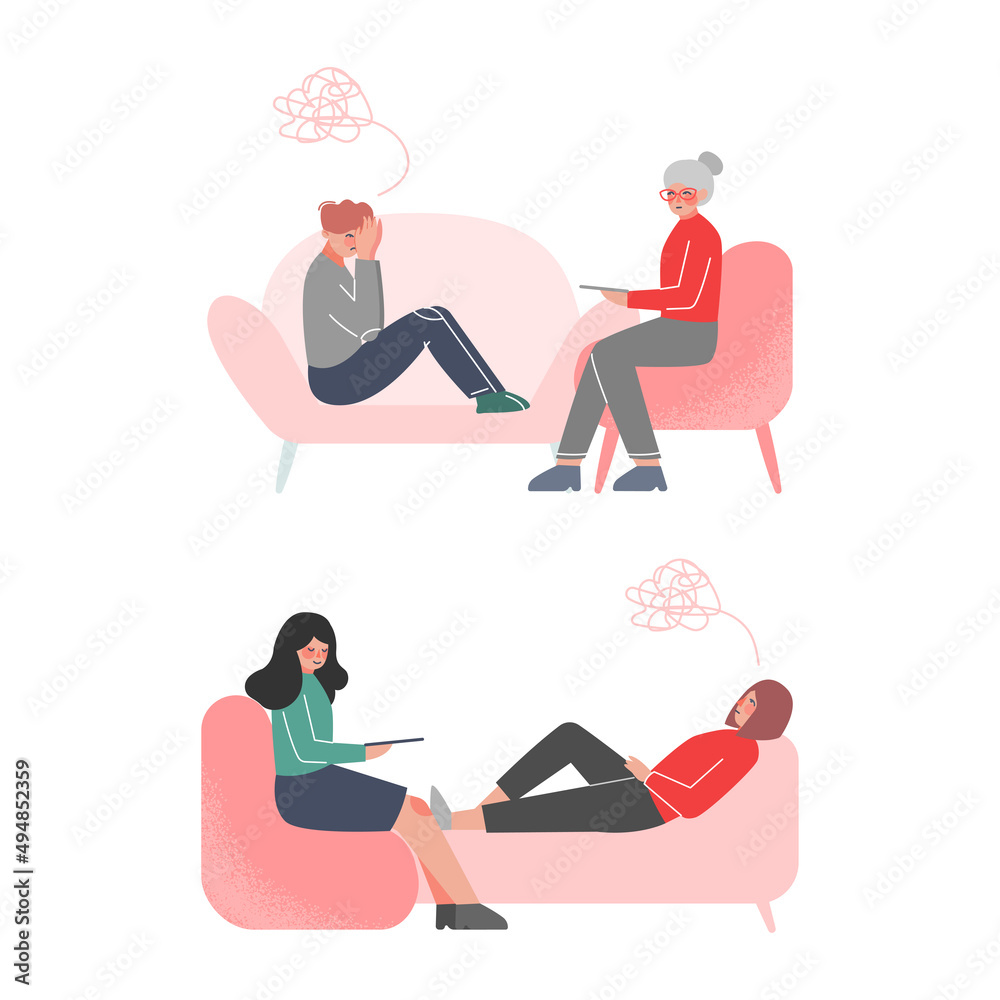 Professional psychotherapist counselling patient set. Psychological help, mental health cartoon vector illustration