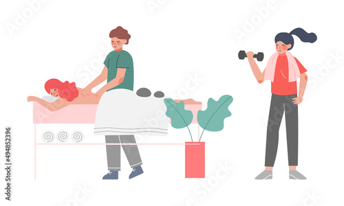 Stress relieving concept. Therapist doing massage to young woman lying down on table. Girl exercising with dumbbells to calm down cartoon vector illustration