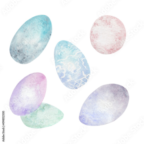 Pastel Set of Multicolored Easter Eggs. Hand-Drawn Festive Watercolor for Wallpaper, Banner, Textile, Postcard or Wrapping Paper
