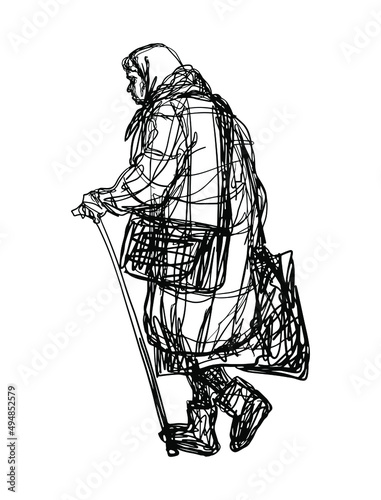Old woman with bags. Lonely pensioneer, retired poor person. Sketching illustration on white background.