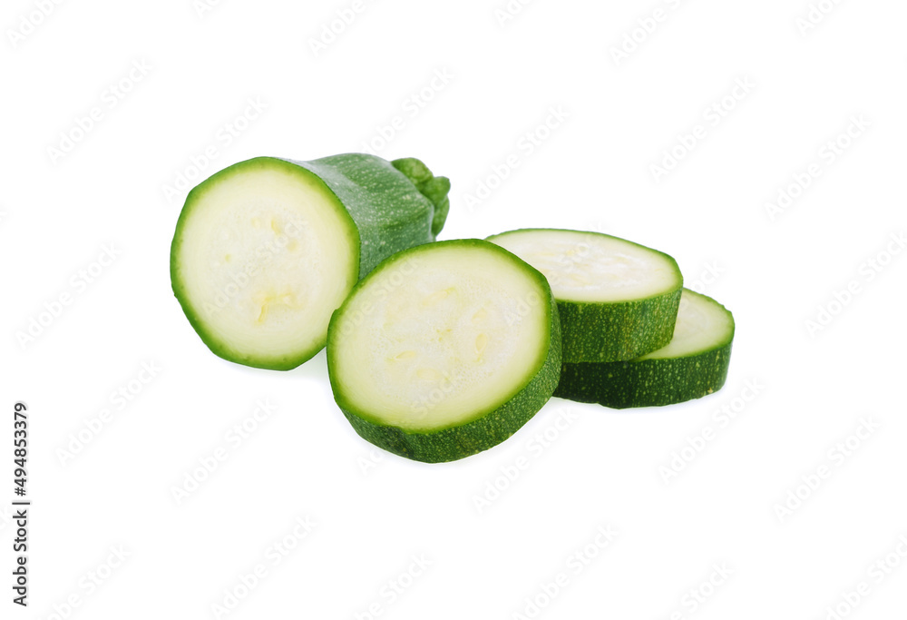 fresh green zucchini with slice isolated on white background. fresh green zucchini with slice isolated on white background.