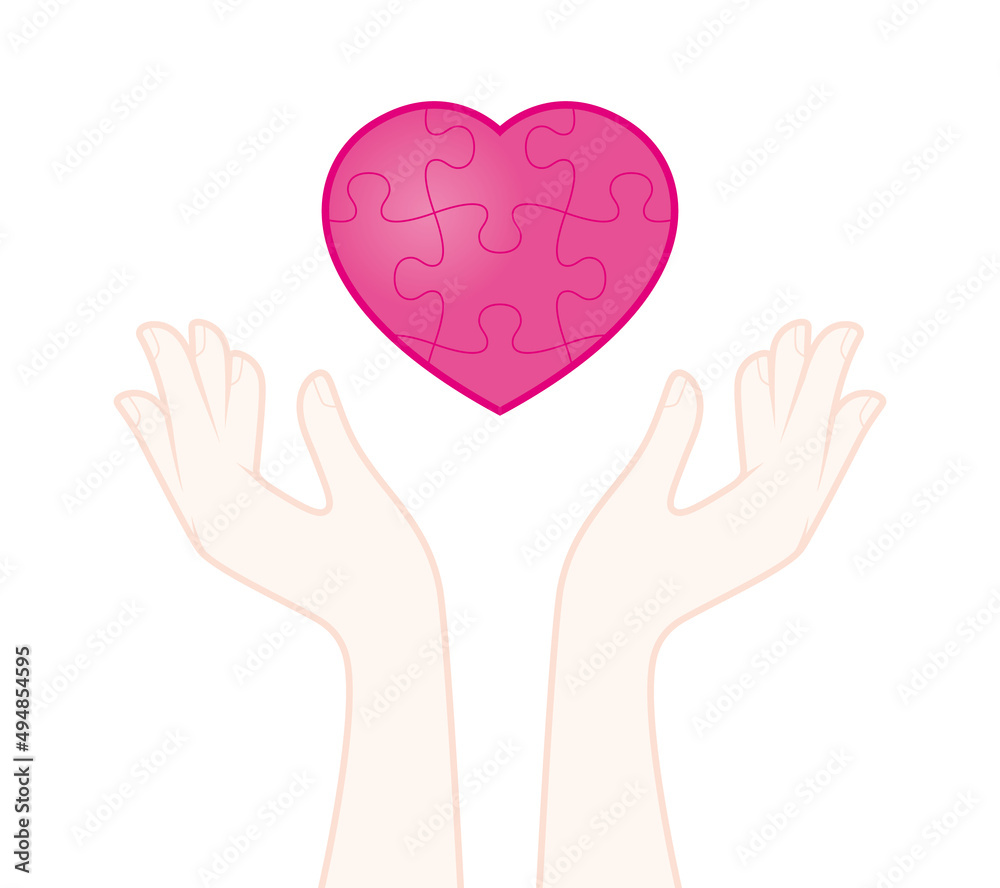 Vector hands trying to catch a heart composed of puzzles. Isolated on white background Vector hands trying to catch a heart composed of puzzles. Isolated on white background