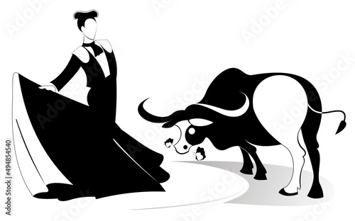 Bullfighter and a bull black on white background illustration