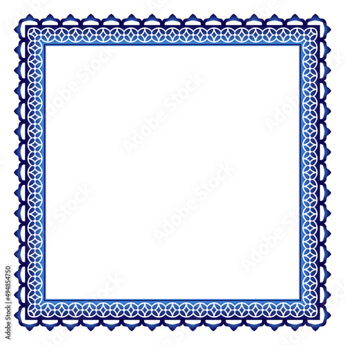 Border frame ceramic tile pattern. Islamic, indian, arabic motifs. Damask border square pattern. Porcelain ethnic bohemian background