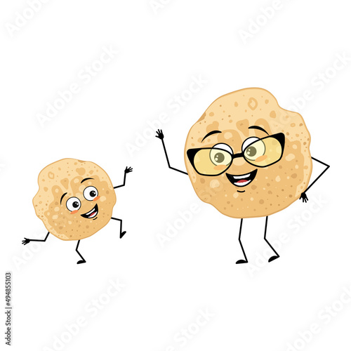 Pancake grandmother with glasses and grandson dancing character with happy emotion, joyful face, smile eyes, arms and legs. Vector flat illustration