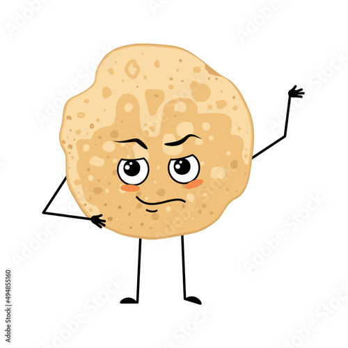 Pancake character with emotions of hero, brave face, arms and leg. Baking person, homemade pastry with courage expression. Food emoticon for carnival or Maslenitsa