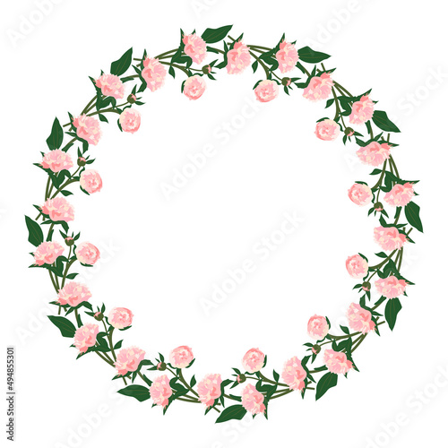 Wreath of peonies. Round frame, pink cute flowers and leaves. Spring pink blooming composition with buds. Holiday decorations for wedding, holiday, postcard, poster and design. Vector illustration