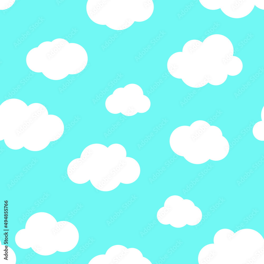 Seamless pattern with cute clouds on the blue sky. Simple cartoon background. 