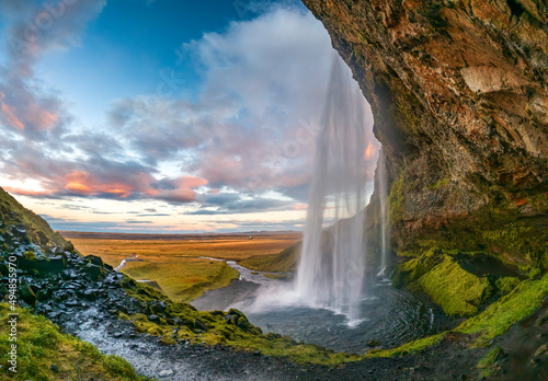 Seljalandsfoss waterfall wide panorama at dawn in Iceland