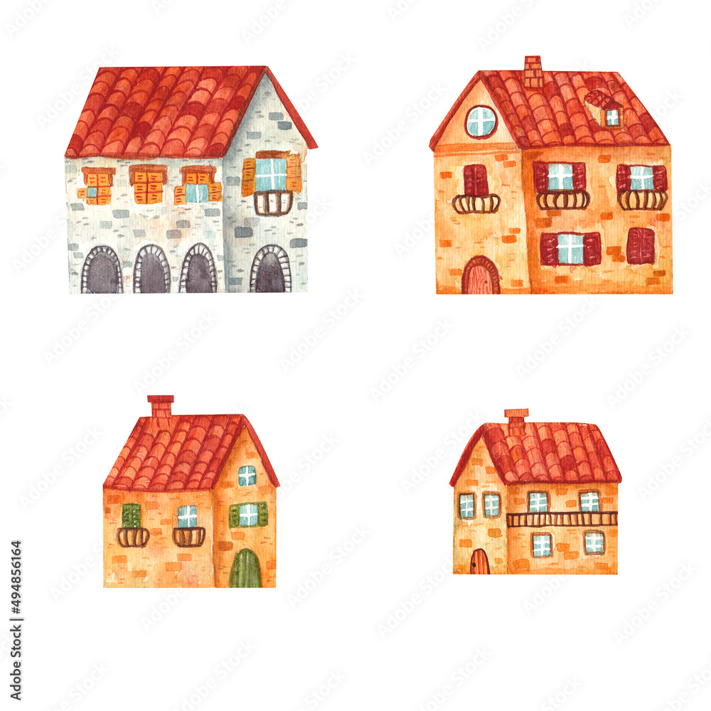 set of cozy hand drawn cartoon watercolor houses. Illustration of beautiful brick mediterranean building isolated on white background