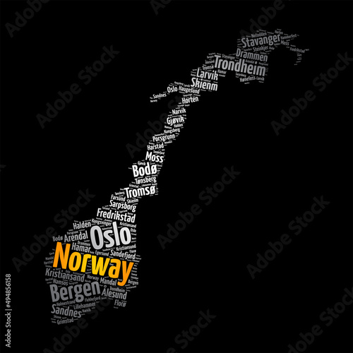 List of cities and towns in Norway, map word cloud collage, business and travel concept background