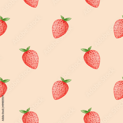 Fototapeta Naklejka Na Ścianę i Meble -  Seamless pattern of watercolor strawberries. Summer minimal design for paper, textile or background