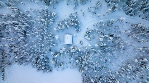 Quadro su tela cabin in middle of snowy trees, in cloudy Lapland 01