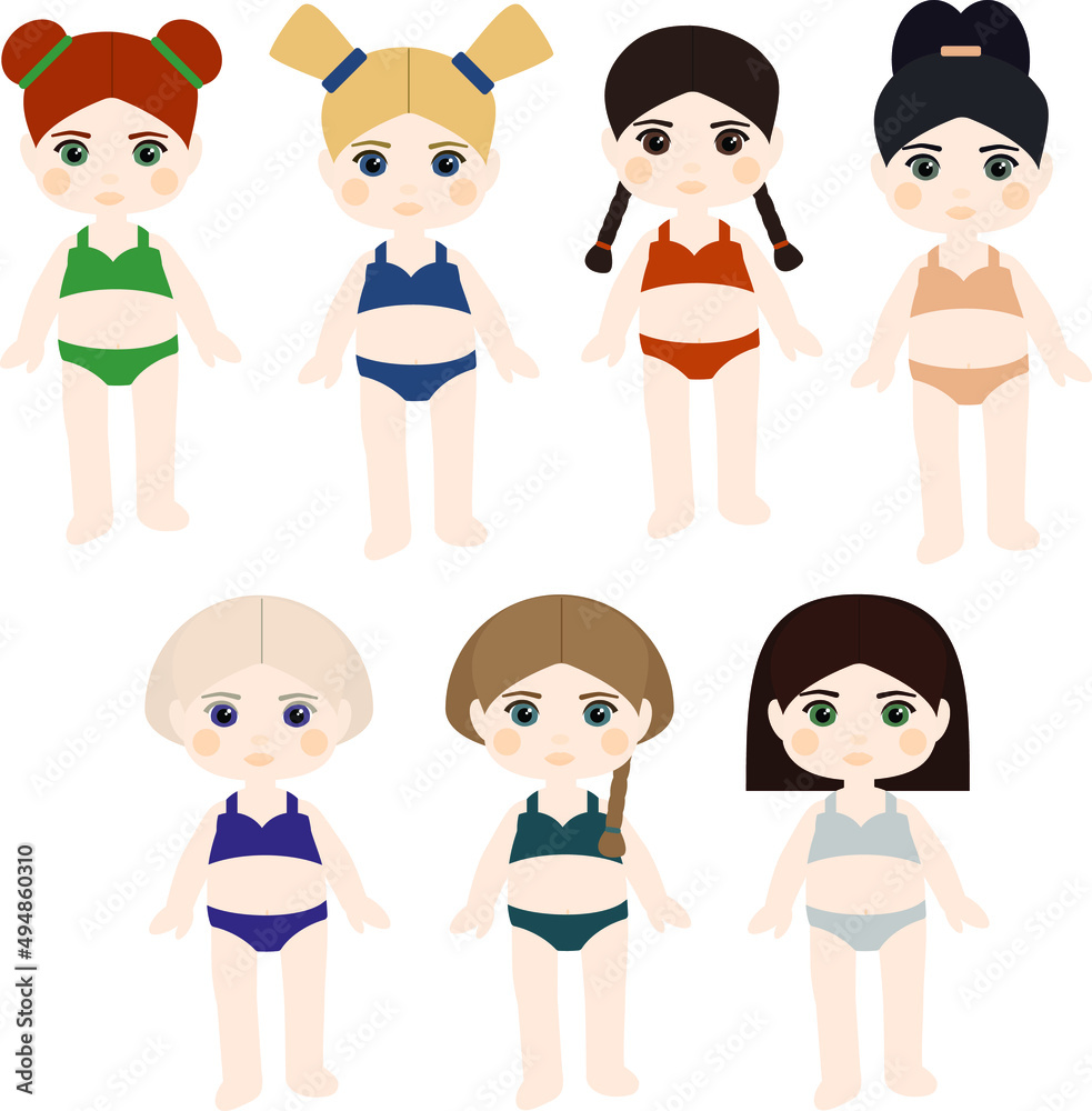 A set of paper dolls of girls with different hairstyles, eye colors, hair and swimwear.