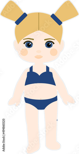 Paper doll girl blonde with ponytails in a blue swimsuit photo