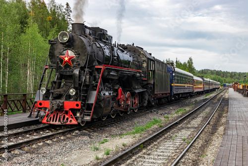 Steam locomotive at the railway station in Karelia.