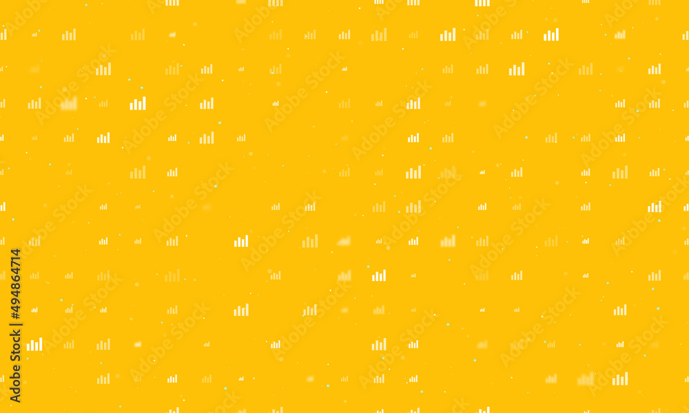 Seamless background pattern of evenly spaced white chart line symbols of different sizes and opacity. Vector illustration on amber background with stars