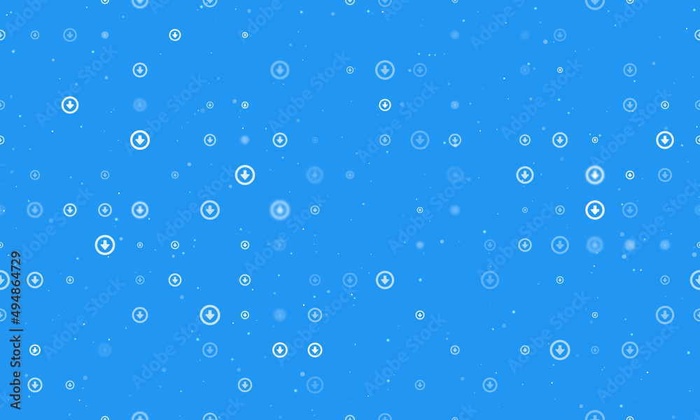Seamless background pattern of evenly spaced white download symbols of different sizes and opacity. Vector illustration on blue background with stars