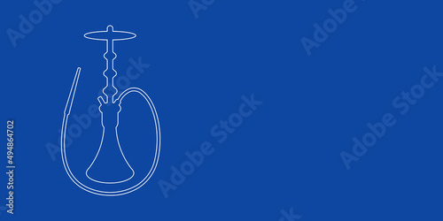 A large white outline hookah symbol on the left. Designed as thin white lines. Vector illustration on blue background