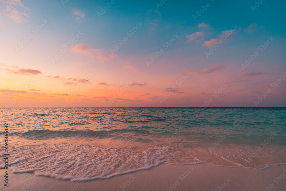 Closeup sea sand beach. Amazing empty beach landscape. Inspire tropical island seascape horizon. Orange golden purple sunset sunrise sky tranquil sunlight. Summer vacation travel holiday copy space