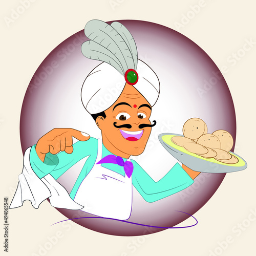Indian chef in a national turban, with a towel on his hand, offers a delicious dish