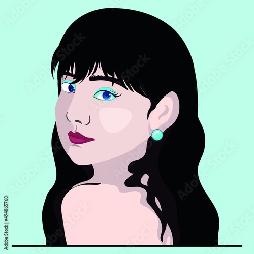  girl with short dark hair and blue eyes turned coquettishly and looks at the viewer cutely
