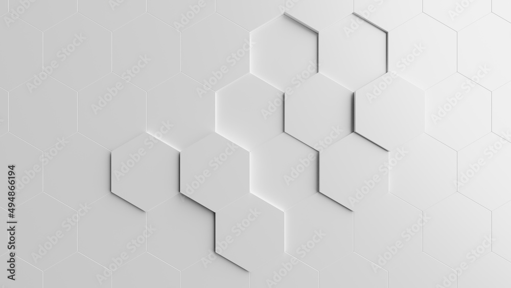 Pattern of hexagons with some of them displaced - abstract geometric design. 3d illustration (rendering) Pattern of hexagons with some of them displaced - abstract geometric design. 3d illustration (rendering)