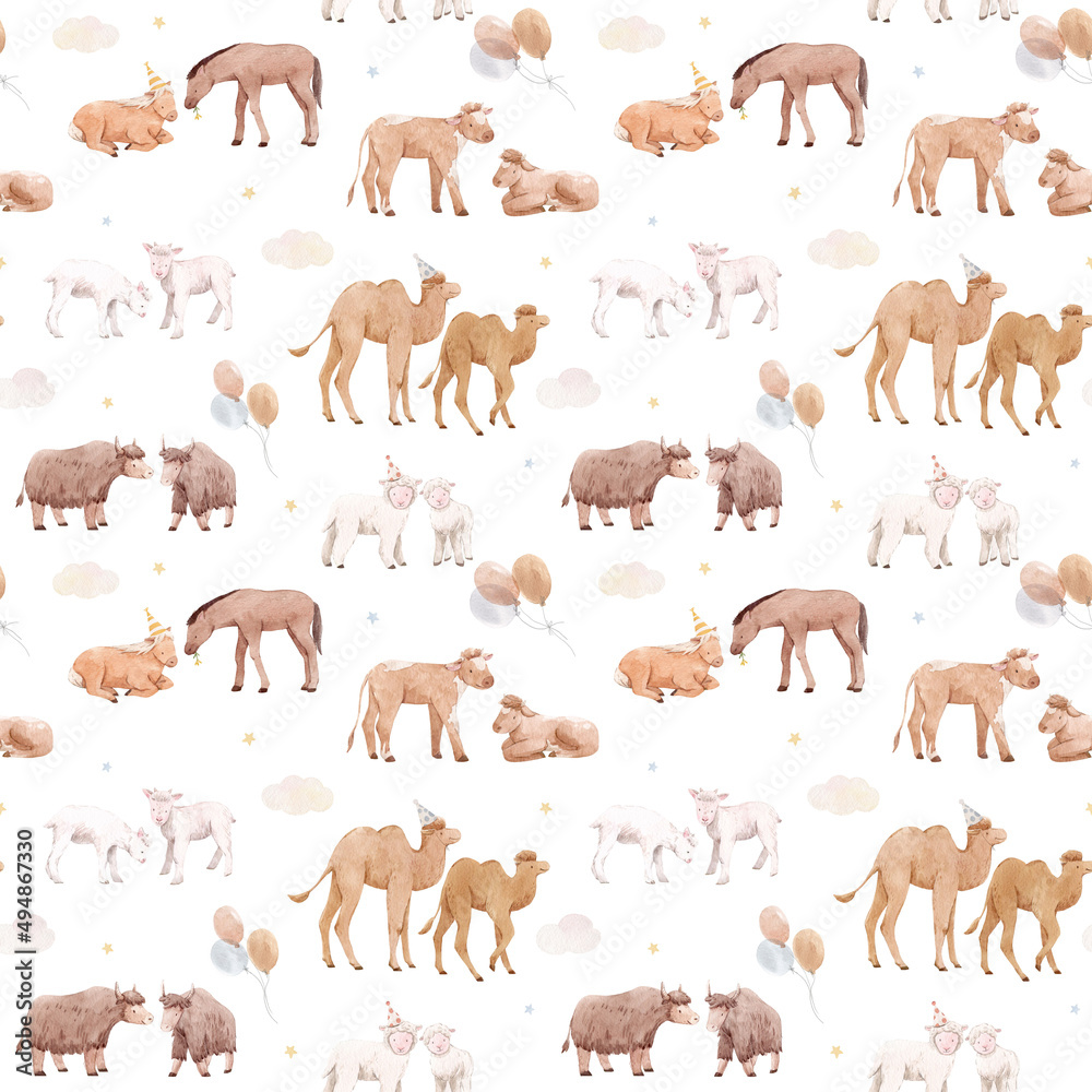 Beautiful seamless pattern with cute watercolor hand drawn wild animals ...