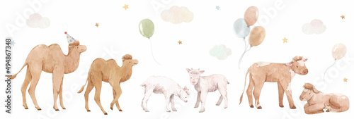 Beautiful stock illustration with set of cute watercolor hand drawn animals at the birthaday party.