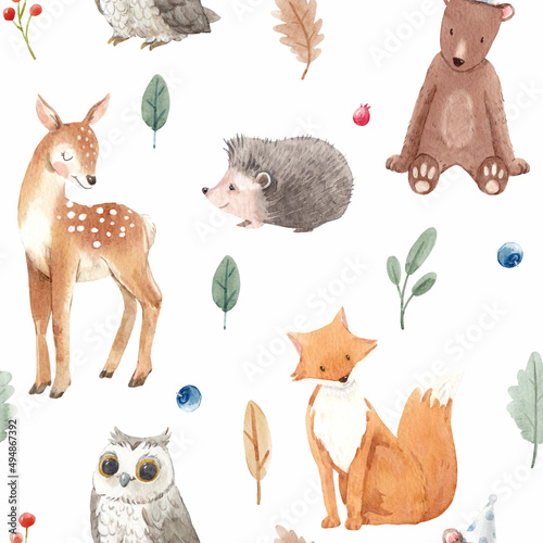 Photography Beautiful seamless pattern with cute watercolor hand drawn wild forest animals deer hedgehog fox owl bear