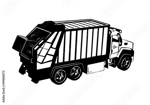 Garbage truck. back view. Black silhouette. Vector graphic illustration. Isolated object on a white background. Isolate., truck isolated on white background.