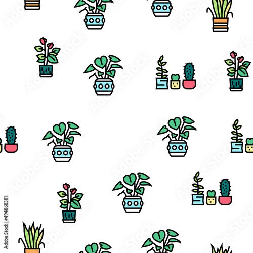 Houseplant Store Sale Vector Seamless Pattern Thin Line Illustration