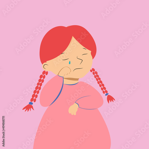 crying girl with pink hair in a pink dress