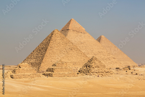 Three pyramids of the great Pyramid complex of Giza. Cairo, Egypt