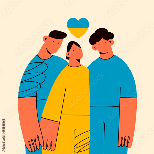 Group of young people. Friends are standing together. Cartoon characters. Ukrainian flag colors. Stand with Ukraine. Save Ukraine from russia. Stop war. Hand drawn modern Vector illustration