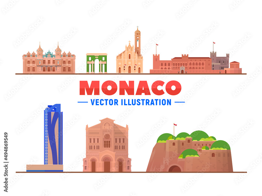 Monaco city skyline with panorama on white background. Vector Illustration. Business travel and tourism concept with old buildings. Image for presentation, banner, web site.