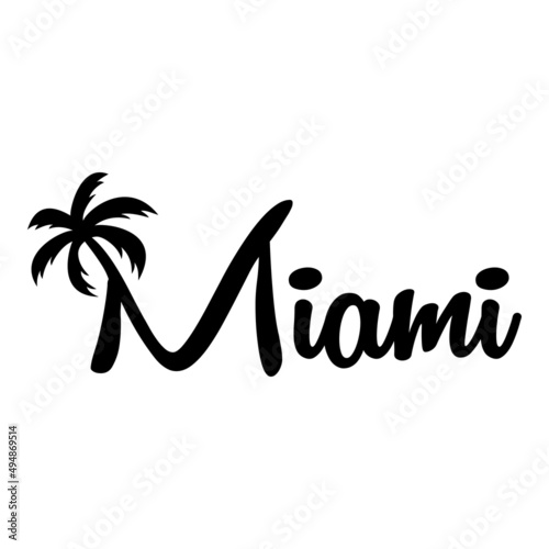 Miami Beach. Destino de vacaciones. Banner con texto Miami con letra con forma de silueta de palmera en color negro