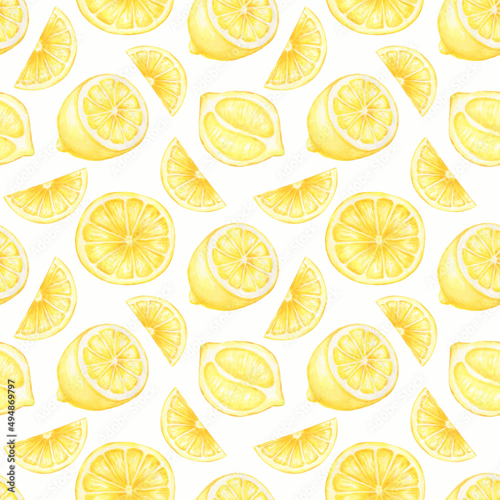 Seamless watercolor lemon slices pattern isolated on white  background.Good for napkins,textile,fabrics.