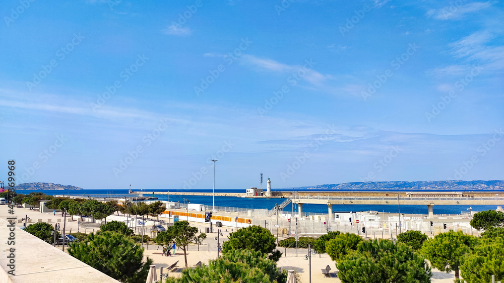 view from afar on the méditerranéen sea in the city of Marseille