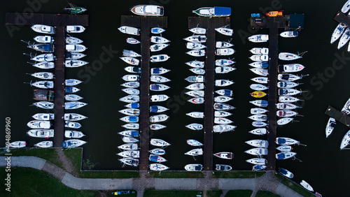 Sztynort - port mazurski z lotu ptaka, przystań z jachtami