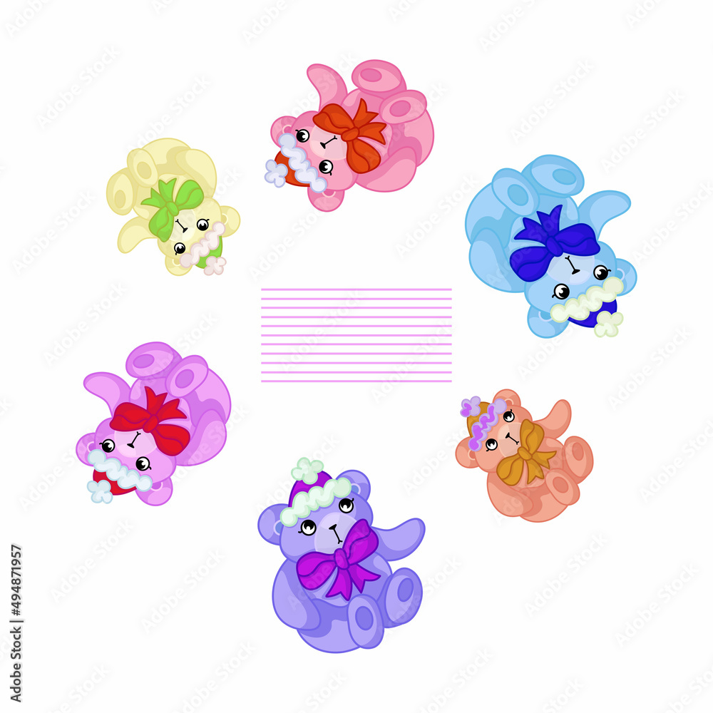 Multicolored teddy bears hand painted wreath made in vector. Unique decoration for greeting card, wedding invitation, save the date. Isolated design. Summer bears with place for your text.