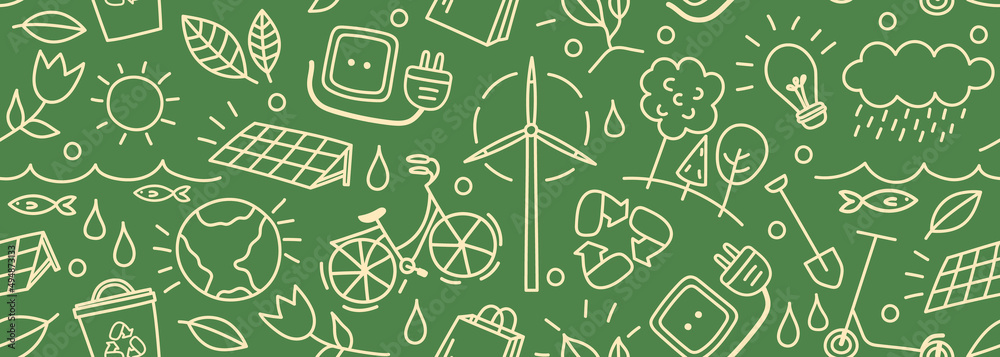 Seamless vector banner with outline eco icons. Background with hand drawn zero waste and recycle elements. Ecological sketch pattern. Save planet doodle silhouettes