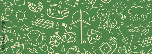 Seamless vector banner with outline eco icons. Background with hand drawn zero waste and recycle elements. Ecological sketch pattern. Save planet doodle silhouettes