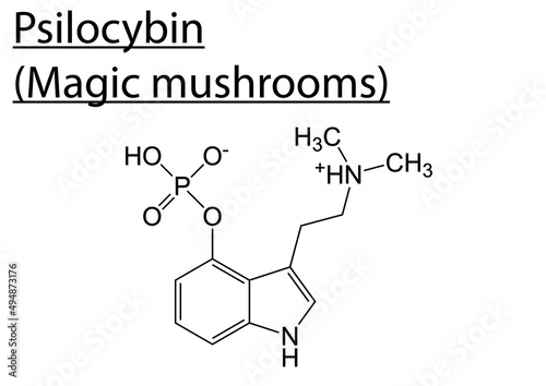 Chemical structure of Psilocybin (Magic mushrooms) on a white background.