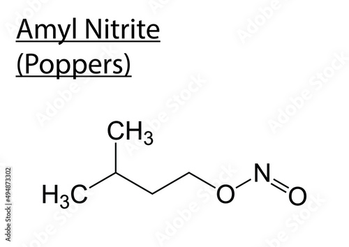 Chemical structure of Amyl Nitrite (Poppers) on a white background.
